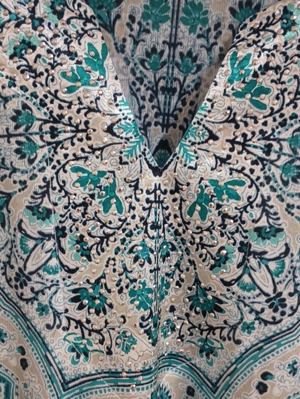 JM Collection Paisley Boho Tunic Top Beaded V-Neck XL Turquoise White NWOT - Picture 2 of 15